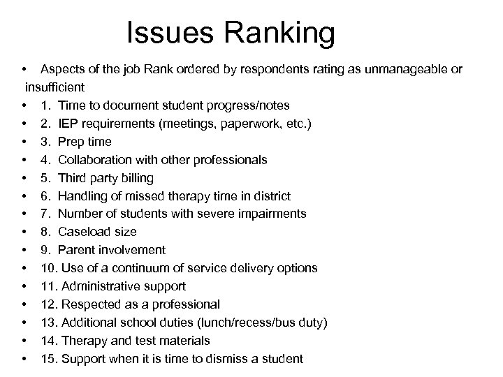 Issues Ranking • Aspects of the job Rank ordered by respondents rating as unmanageable