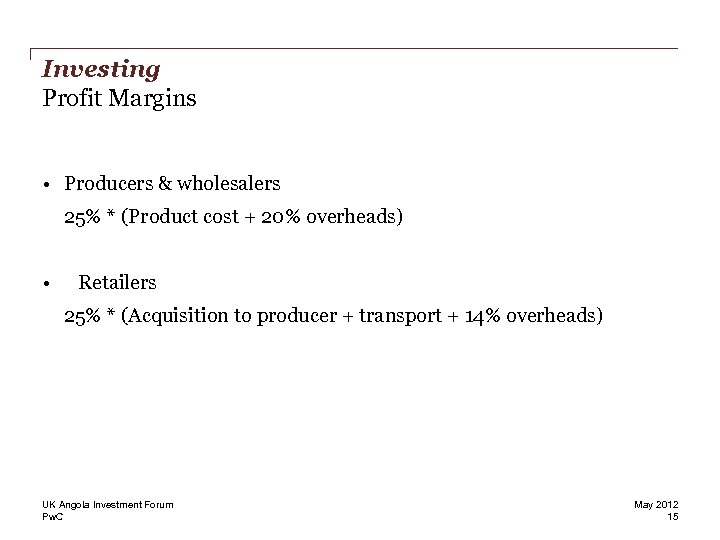 Investing Profit Margins • Producers & wholesalers 25% * (Product cost + 20% overheads)