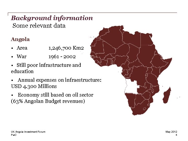 Background information Some relevant data Angola • Area 1, 246, 700 Km 2 •