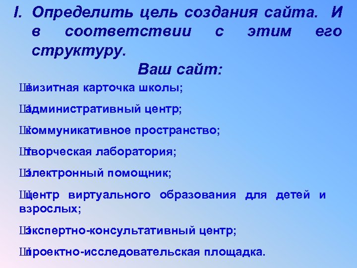 I. Определить цель создания сайта. И в соответствии с этим его структуру. Ваш сайт: