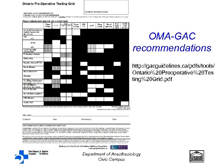 OMA-GAC recommendations http: //gacguidelines. ca/pdfs/tools/ Ontario%20 Preoperative%20 Tes ting%20 Grid. pdf Department of Anesthesiology