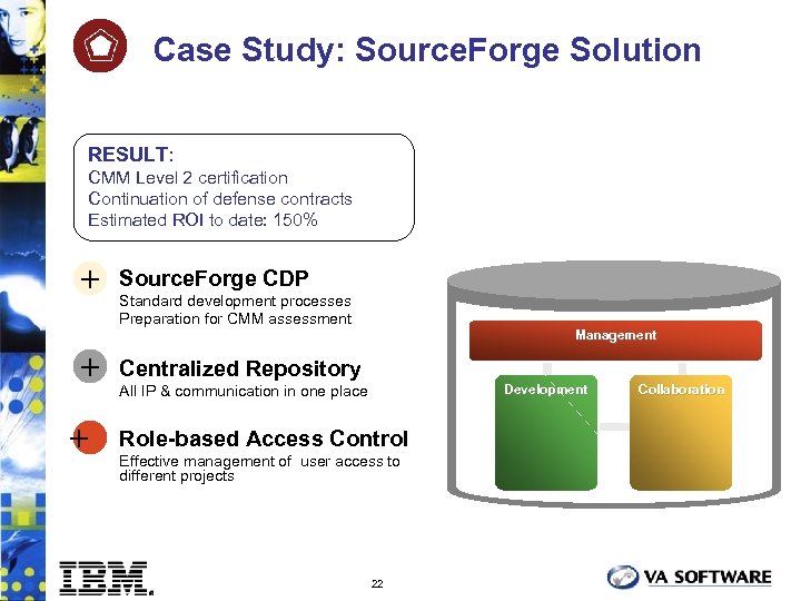 Case Study: Source. Forge Solution RESULT: CMM Level 2 certification Continuation of defense contracts