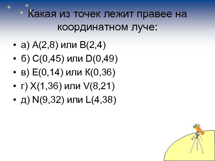 Какая из точек лежит правее на координатном луче: • • • а) А(2, 8)