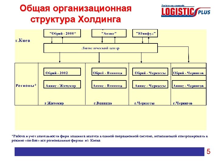 Общая организационная структура Холдинга *Работа и учет деятельности фирм холдинга ведется в единой операционной