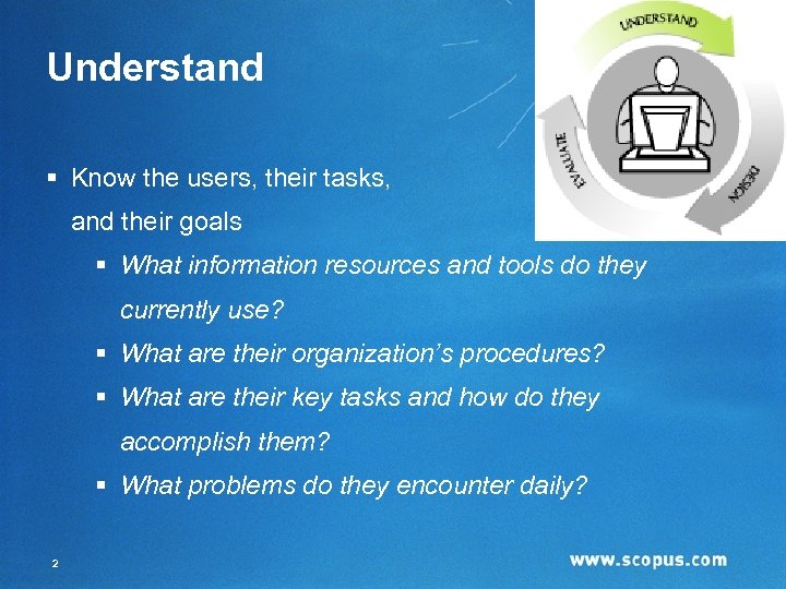 Understand § Know the users, their tasks, and their goals § What information resources