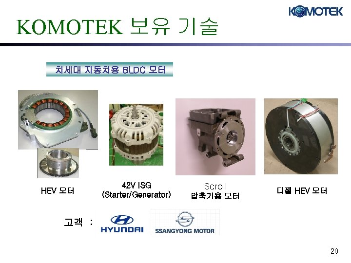 KOMOTEK 보유 기술 차세대 자동차용 BLDC 모터 HEV 모터 42 V ISG (Starter/Generator) Scroll