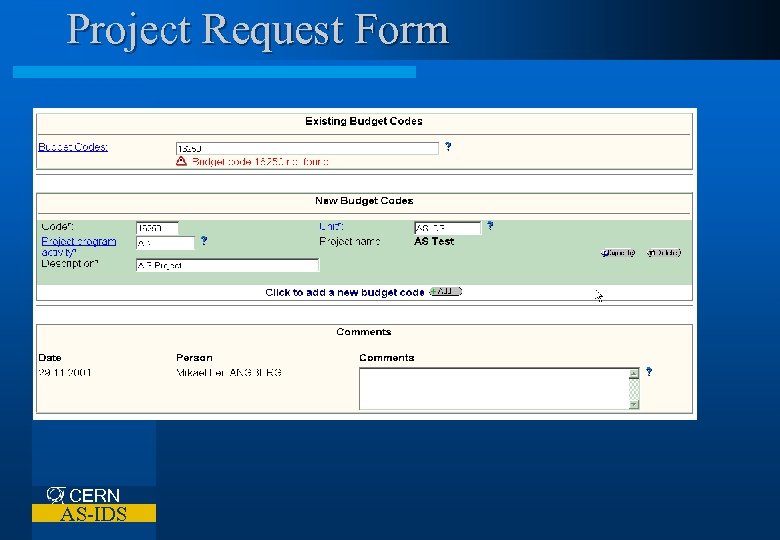 Project Request Form CERN AS-IDS 