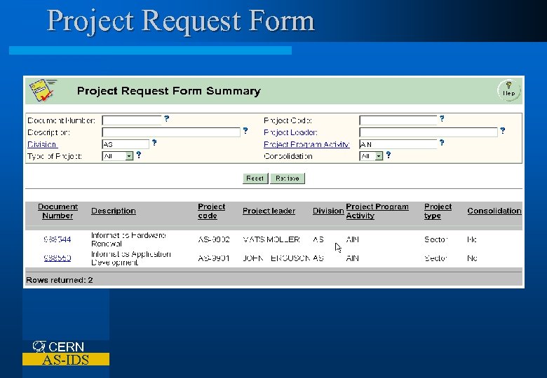 Project Request Form CERN AS-IDS 