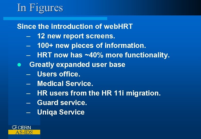 In Figures Since the introduction of web. HRT – 12 new report screens. –
