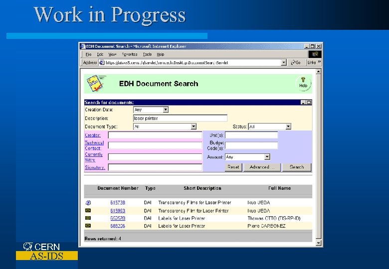 Work in Progress CERN AS-IDS 