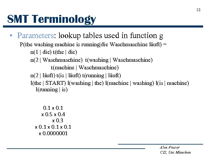 32 SMT Terminology • Parameters: lookup tables used in function g P(the washing machine