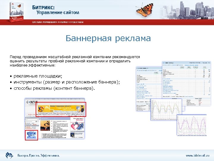 Баннерная реклама Перед проведением масштабной рекламной кампании рекомендуется оценить результаты пробной рекламной кампании и