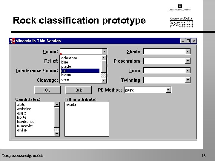 Rock classification prototype Template knowledge models 18 