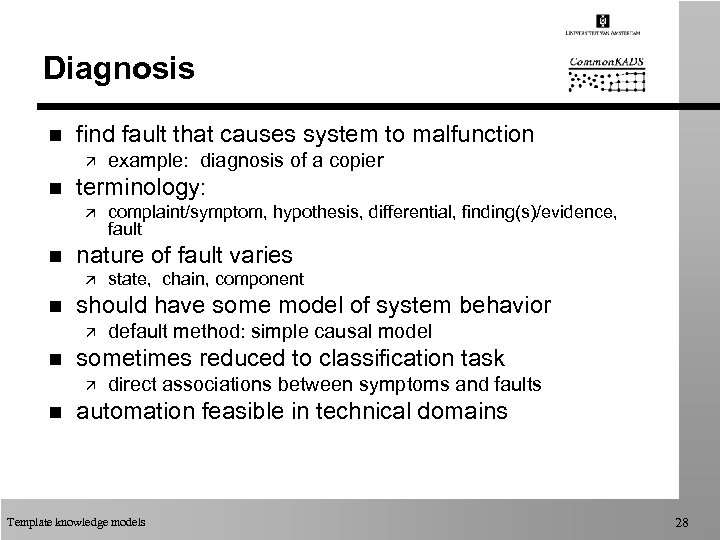 Diagnosis n find fault that causes system to malfunction ä n terminology: ä n