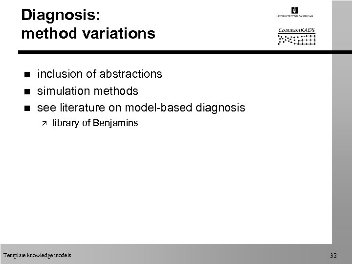 Diagnosis: method variations n n n inclusion of abstractions simulation methods see literature on