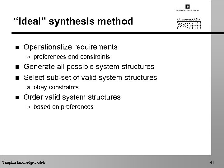 “Ideal” synthesis method n Operationalize requirements ä n n Generate all possible system structures