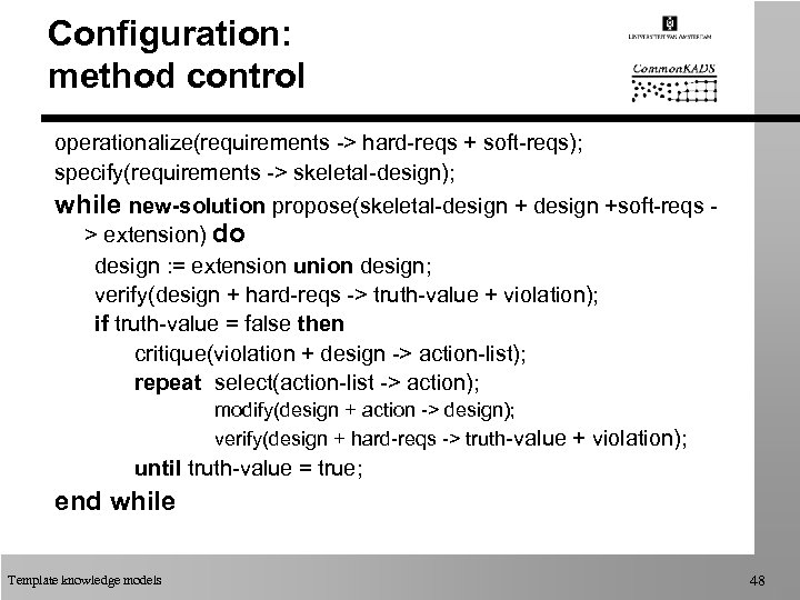 Configuration: method control operationalize(requirements -> hard-reqs + soft-reqs); specify(requirements -> skeletal-design); while new-solution propose(skeletal-design