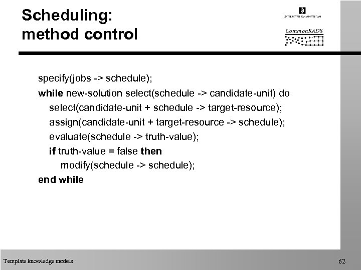 Scheduling: method control specify(jobs -> schedule); while new-solution select(schedule -> candidate-unit) do select(candidate-unit +