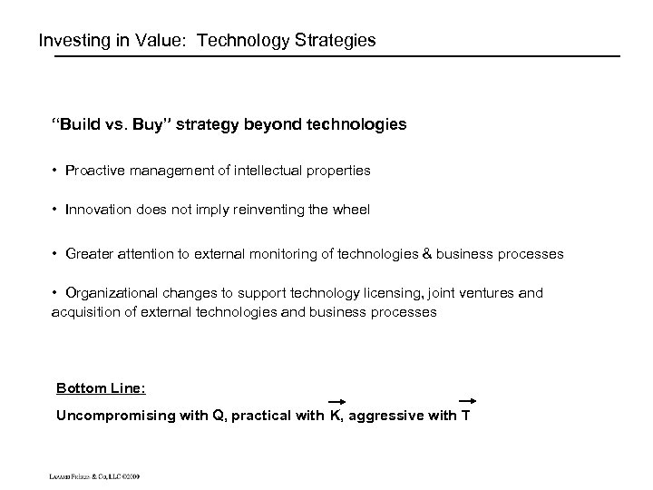 Investing in Value: Technology Strategies “Build vs. Buy” strategy beyond technologies • Proactive management