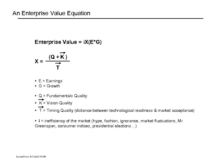 An Enterprise Value Equation Enterprise Value = i. X(E*G) X= (Q + K )