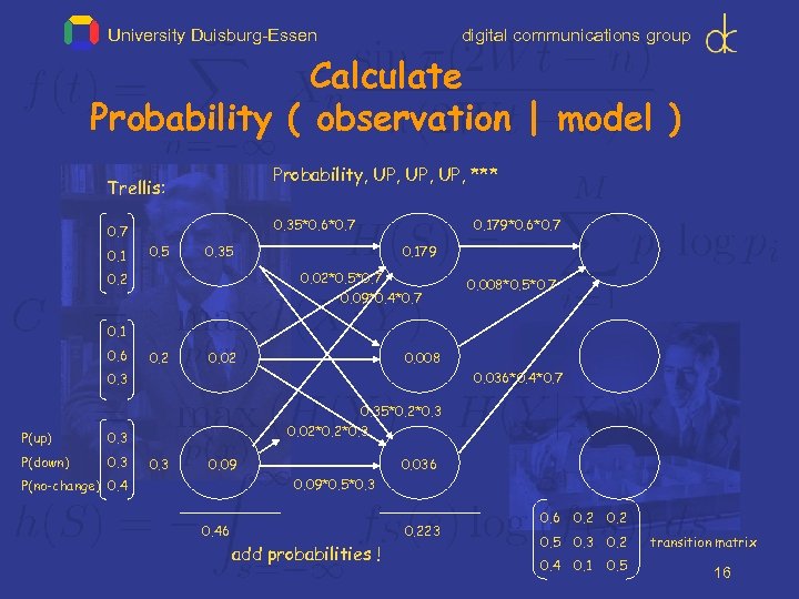 University Duisburg-Essen digital communications group Calculate Probability ( observation | model ) Probability, UP,