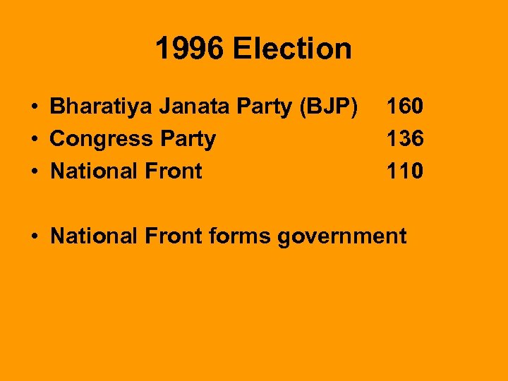 1996 Election • Bharatiya Janata Party (BJP) • Congress Party • National Front 160