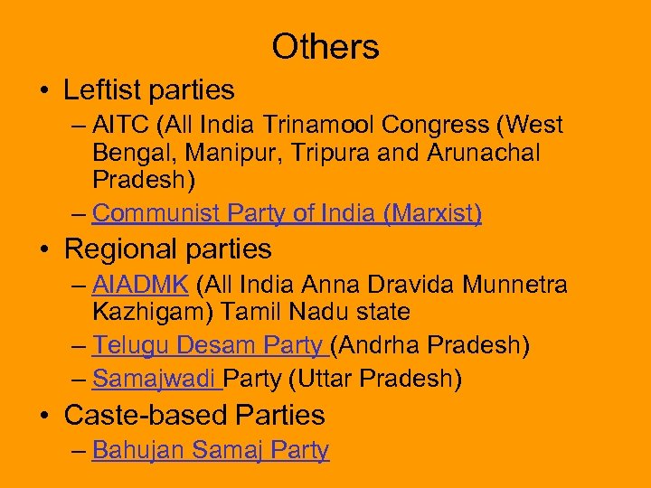 Others • Leftist parties – AITC (All India Trinamool Congress (West Bengal, Manipur, Tripura