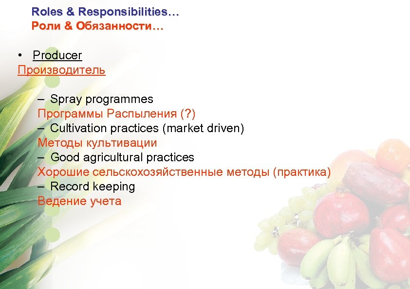 Roles & Responsibilities… Роли & Обязанности… • Producer Производитель – Spray programmes Программы Распыления
