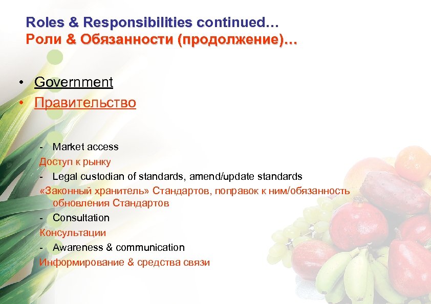 Roles & Responsibilities continued… c Роли & Обязанности (продолжение)… • Government • Правительство -
