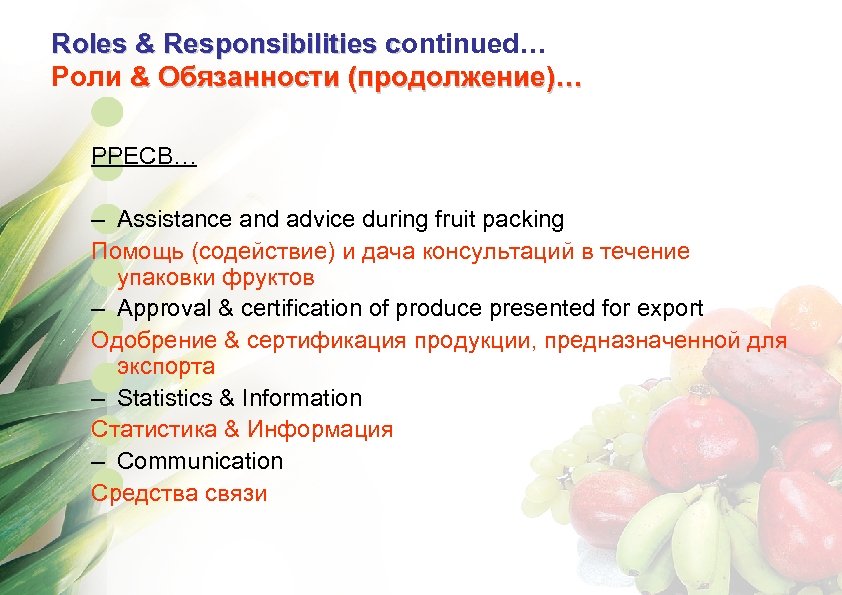 Roles & Responsibilities continued… c Роли & Обязанности (продолжение)… PPECB… – Assistance and advice