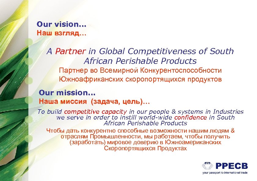 Our vision… Наш взгляд… A Partner in Global Competitiveness of South African Perishable Products