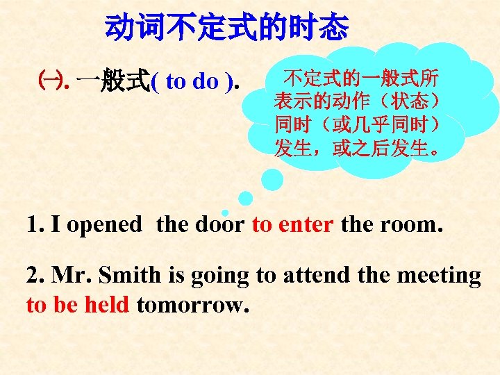 动词不定式的时态 ㈠. 一般式( to do ). 不定式的一般式所 表示的动作（状态） 同时（或几乎同时） 发生，或之后发生。 1. I opened the