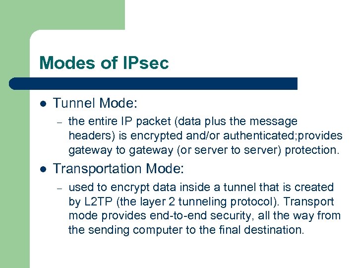 Modes of IPsec l Tunnel Mode: – l the entire IP packet (data plus