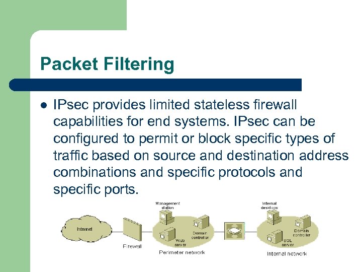 Packet Filtering l IPsec provides limited stateless firewall capabilities for end systems. IPsec can