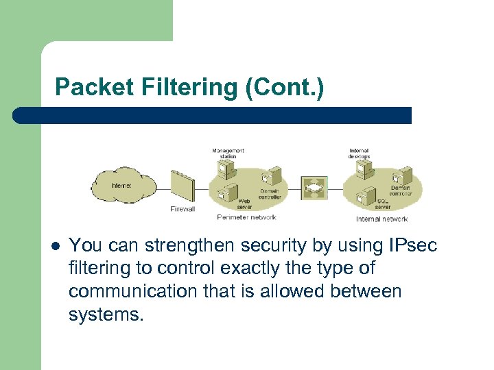 Packet Filtering (Cont. ) l You can strengthen security by using IPsec filtering to