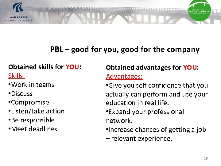 PBL – good for you, good for the company Obtained skills for YOU: Skills: