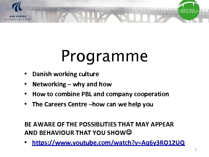 Programme • • Danish working culture Networking – why and how How to combine