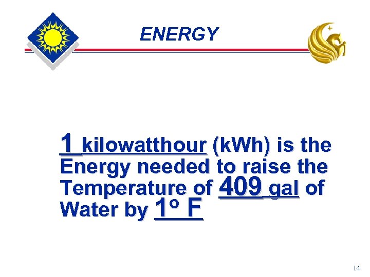 ENERGY 1 kilowatthour (k. Wh) is the Energy needed to raise the Temperature of