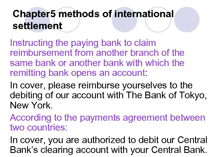 Chapter 5 methods of international settlement Instructing the paying bank to claim reimbursement from