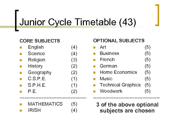 Junior Cycle Timetable (43) CORE SUBJECTS n English (4) n Science (4) n Religion