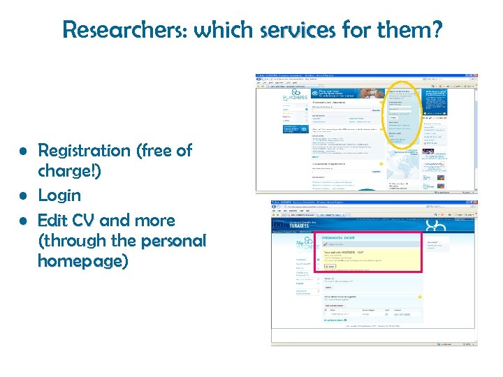 Researchers: which services for them? • Registration (free of charge!) • Login • Edit
