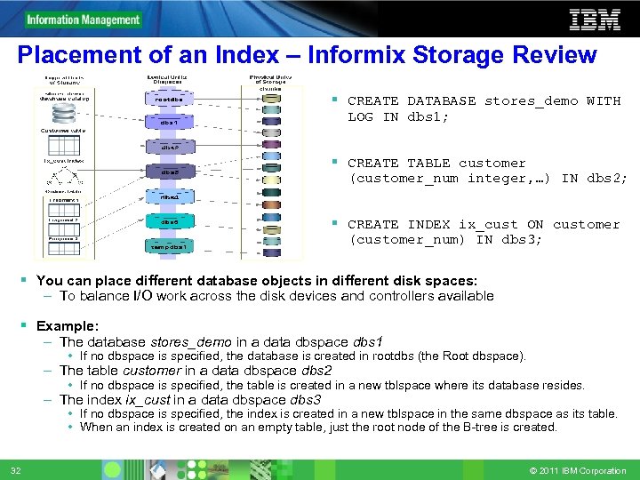 Placement of an Index – Informix Storage Review CREATE DATABASE stores_demo WITH LOG IN