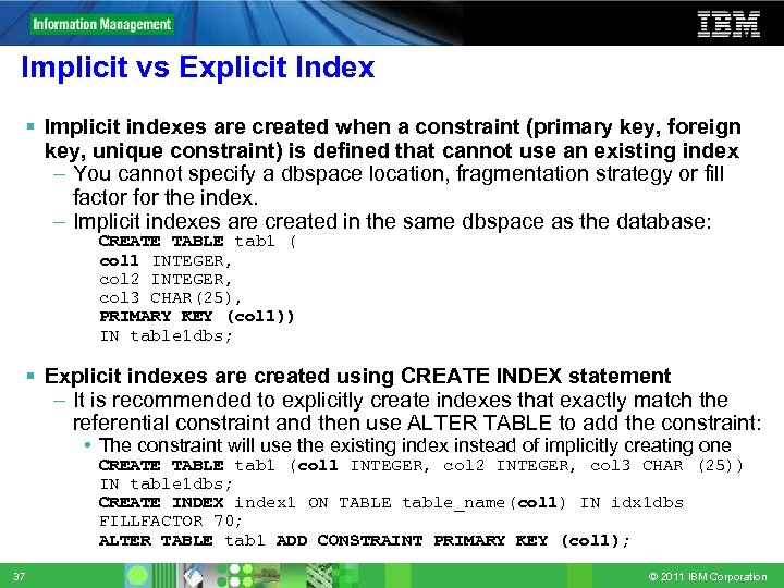 Implicit vs Explicit Index Implicit indexes are created when a constraint (primary key, foreign