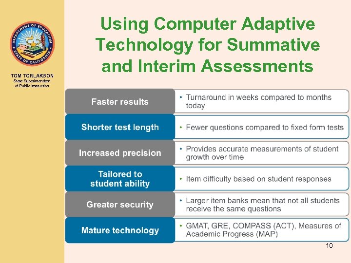 TOM TORLAKSON Using Computer Adaptive Technology for Summative and Interim Assessments State Superintendent of
