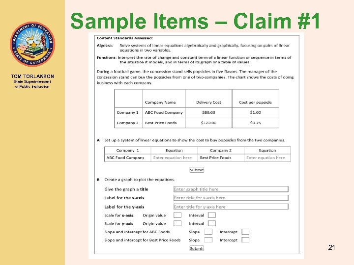 Sample Items – Claim #1 TOM TORLAKSON State Superintendent of Public Instruction 21 
