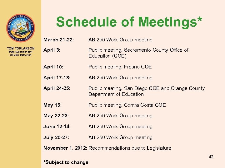 Schedule of Meetings* March 21 -22: TOM TORLAKSON State Superintendent of Public Instruction AB