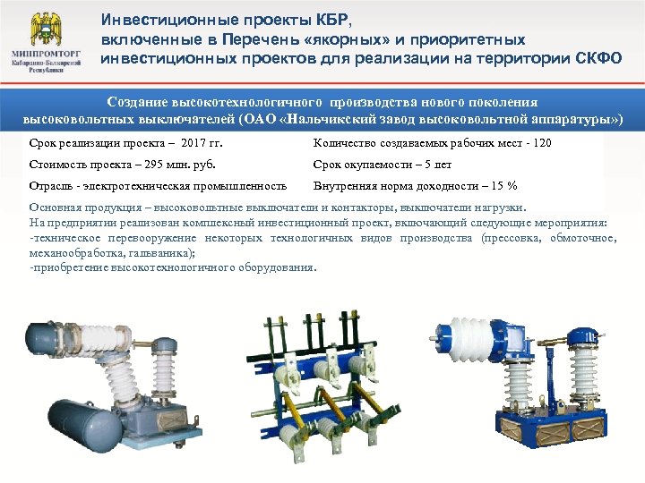 Инвестиционные проекты КБР, включенные в Перечень «якорных» и приоритетных инвестиционных проектов для реализации на