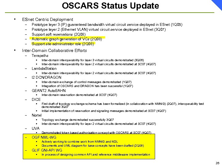 OSCARS Status Update • ESnet Centric Deployment – – – • Prototype layer 3