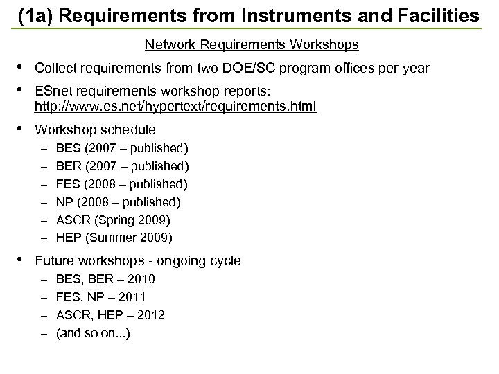 (1 a) Requirements from Instruments and Facilities Network Requirements Workshops • • Collect requirements