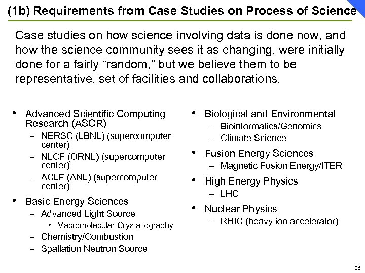 (1 b) Requirements from Case Studies on Process of Science Case studies on how